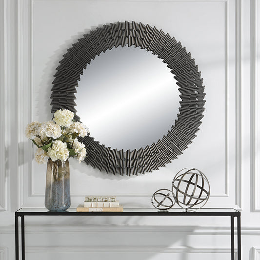 Illusion Round Mirror by Uttermost in burnished silver. Made from iron, mirror, mdf in a modern style.