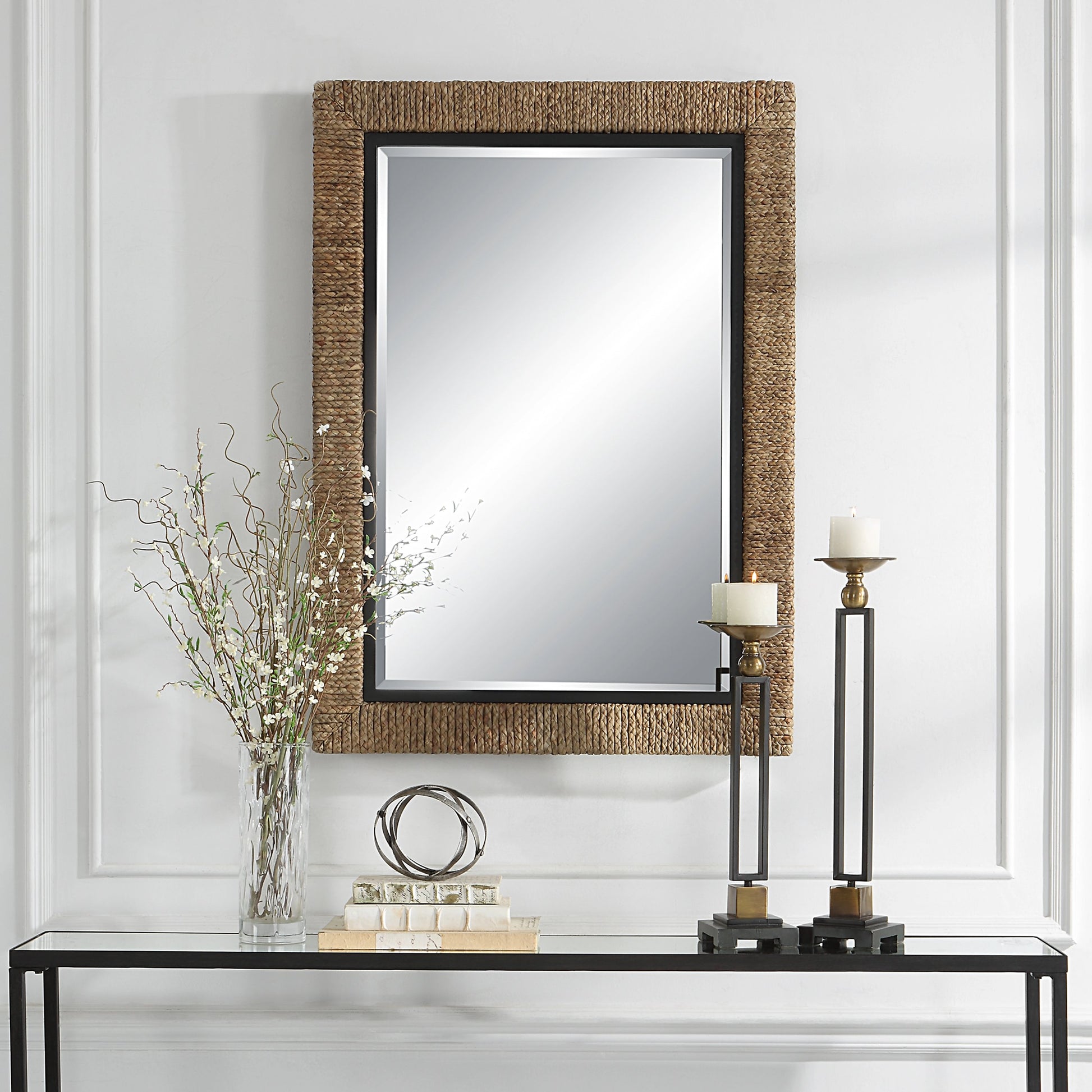 Island Mirror by Uttermost. Made from mirror, mdf, iron, straw rope in a modern style.