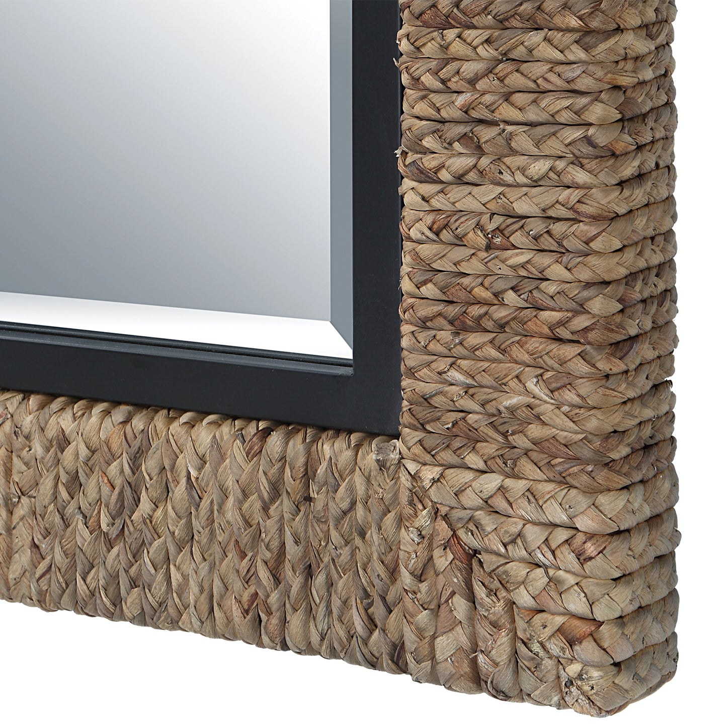 002 SI-1981184 | Closeup | Island Mirror by Uttermost. Made from mirror, mdf, iron, straw rope in a modern style.