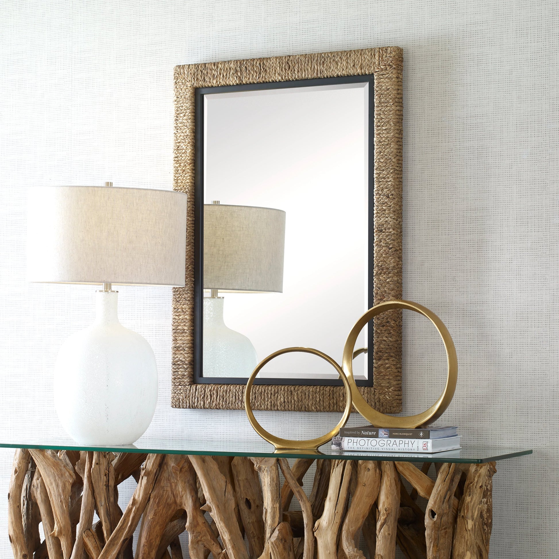 Island Mirror by Uttermost. Made from mirror, mdf, iron, straw rope in a modern style.