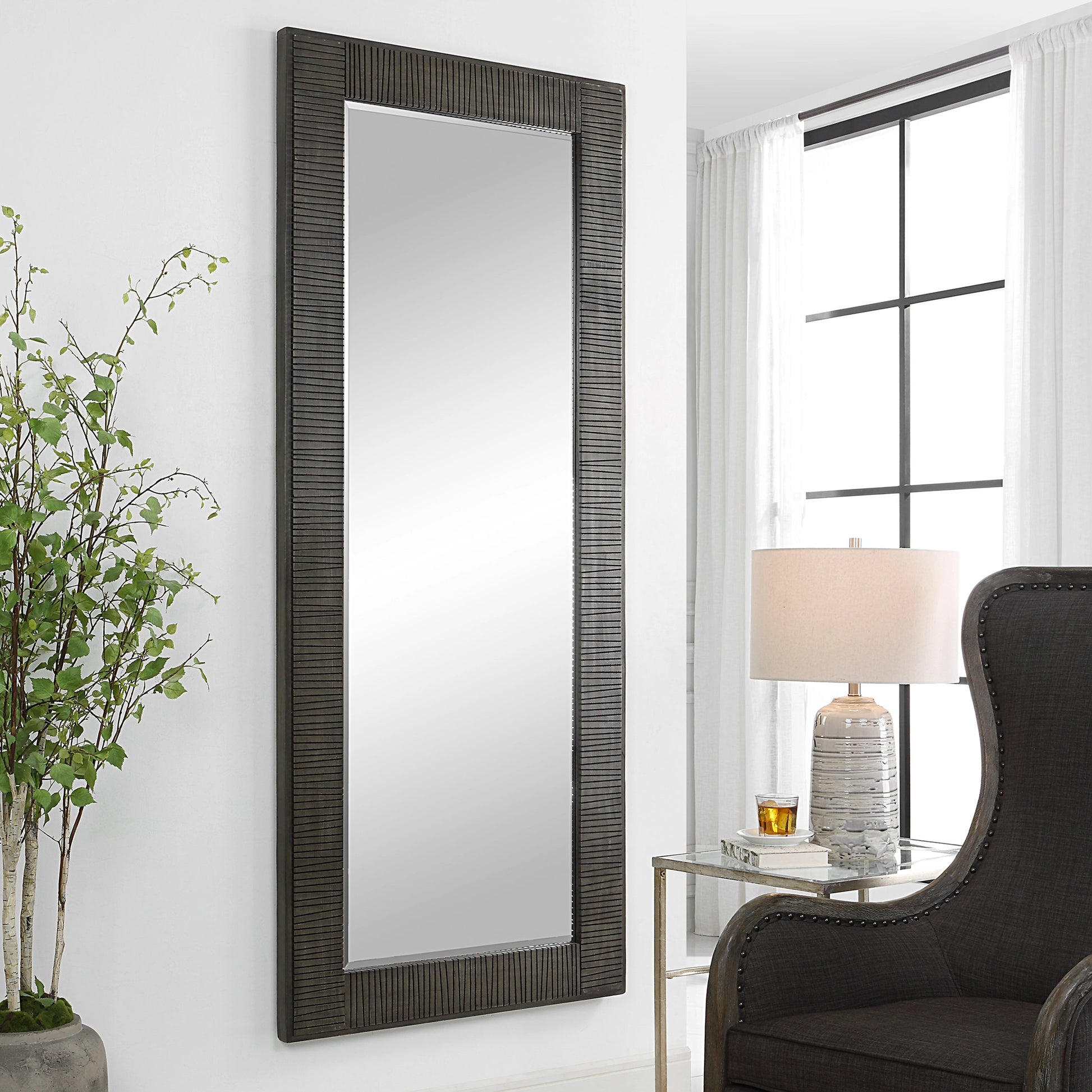 Figaro Mirror by Uttermost in aged gray wash. Made from mirror, mdf, pine, fir in a modern style.