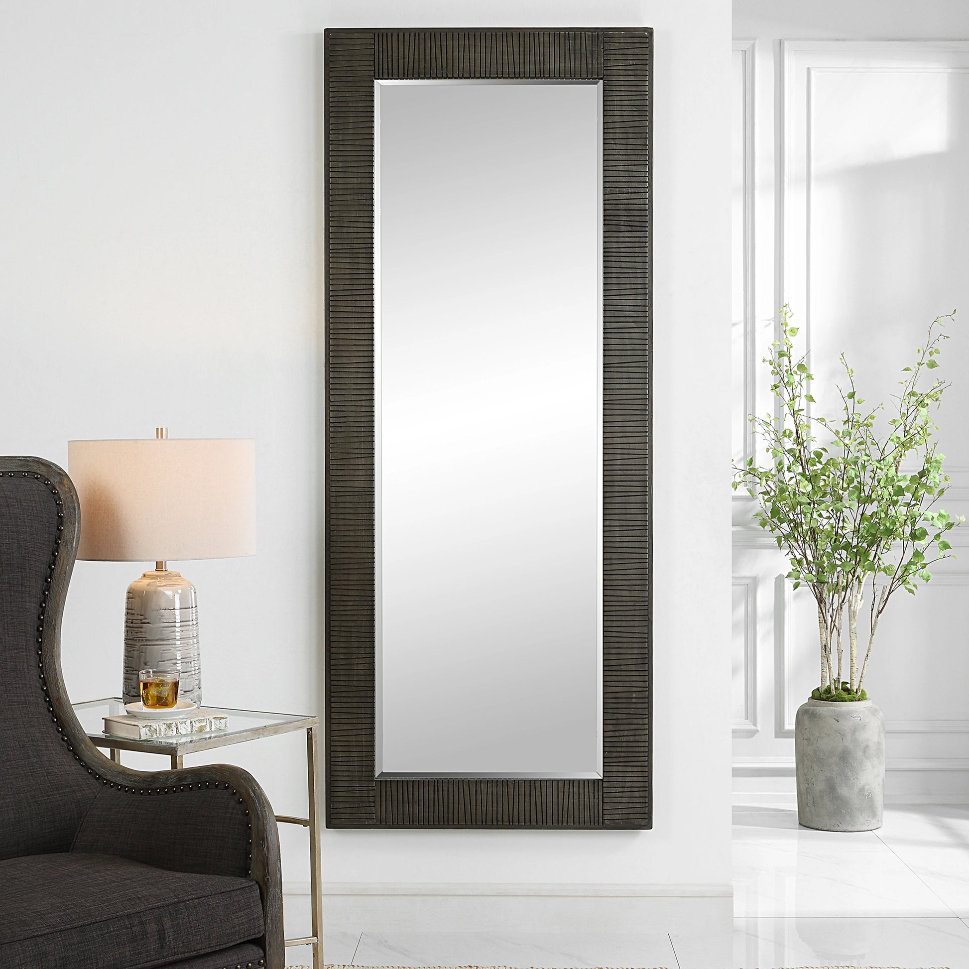 Figaro Mirror by Uttermost in aged gray wash. Made from mirror, mdf, pine, fir in a modern style.