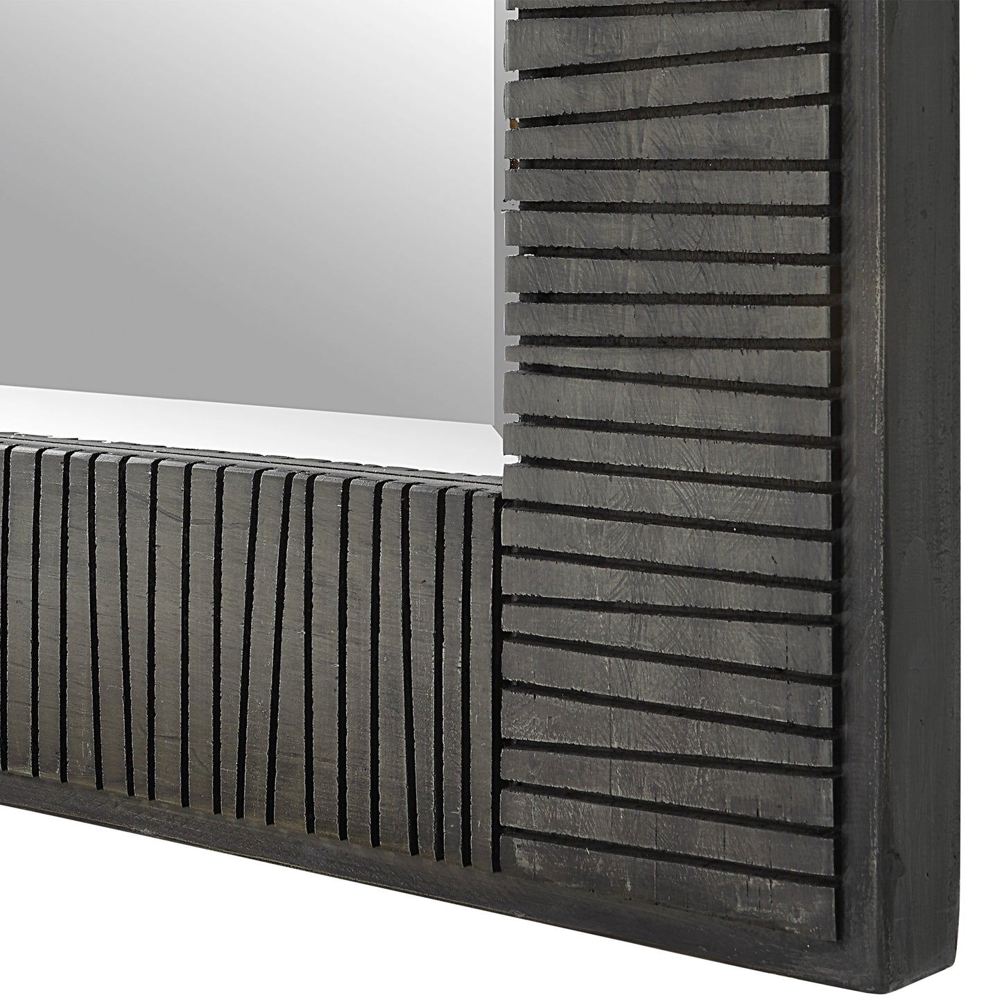 002 SI-1981182 | Closeup | Figaro Mirror by Uttermost in aged gray wash. Made from mirror, mdf, pine, fir in a modern style.