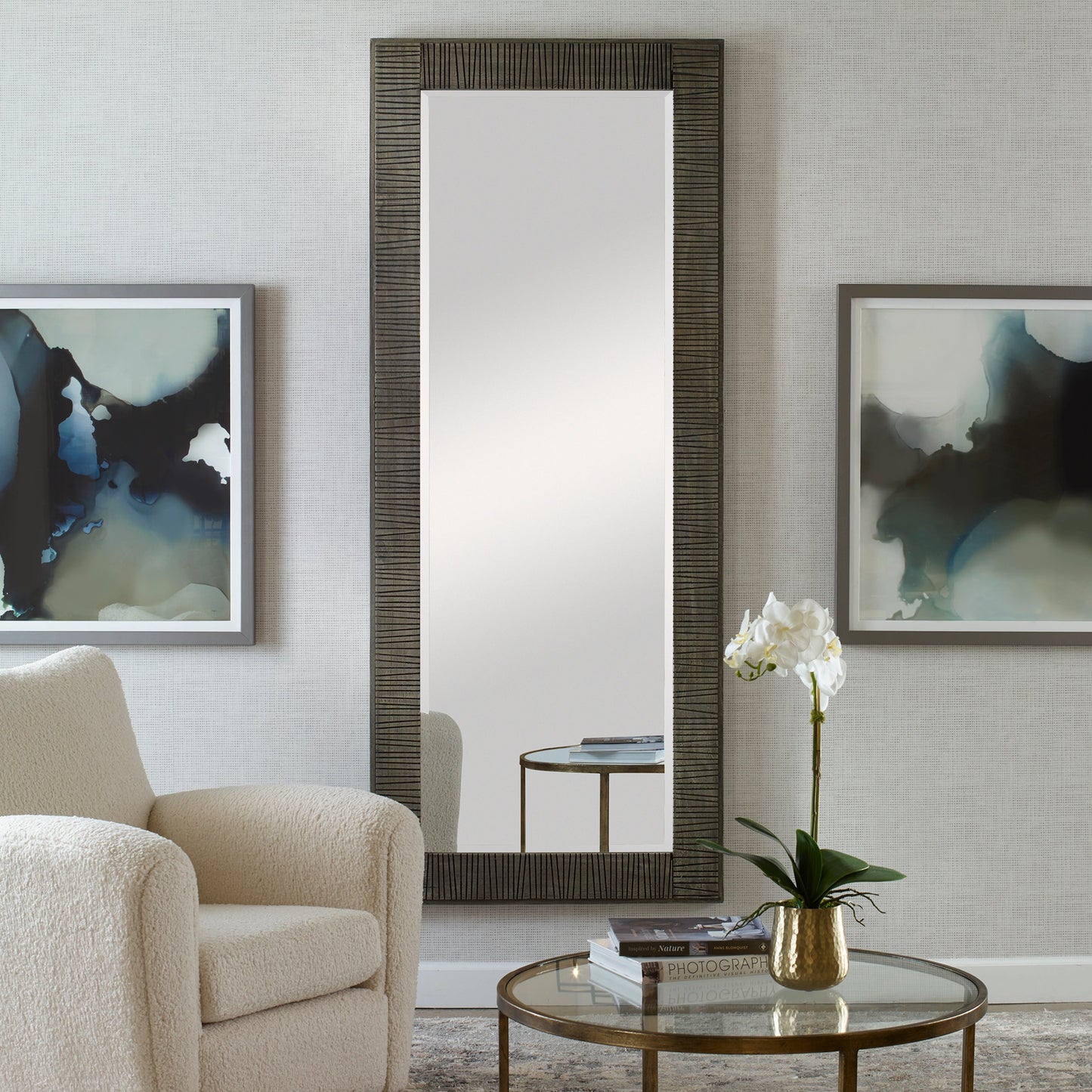 003 SI-1981182 | Lifestyle | Figaro Mirror by Uttermost in aged gray wash. Made from mirror, mdf, pine, fir in a modern style.
