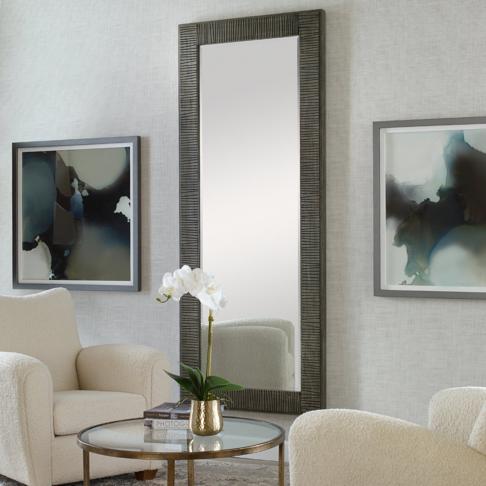 Figaro Mirror by Uttermost in aged gray wash. Made from mirror, mdf, pine, fir in a modern style.