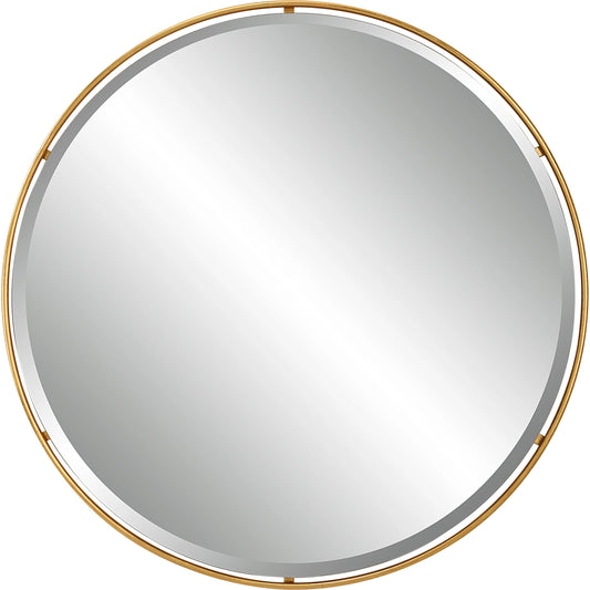 Canillo Round Mirror by Uttermost in antiqued gold leaf. Made from mirror, iron, mdf in a modern style.
