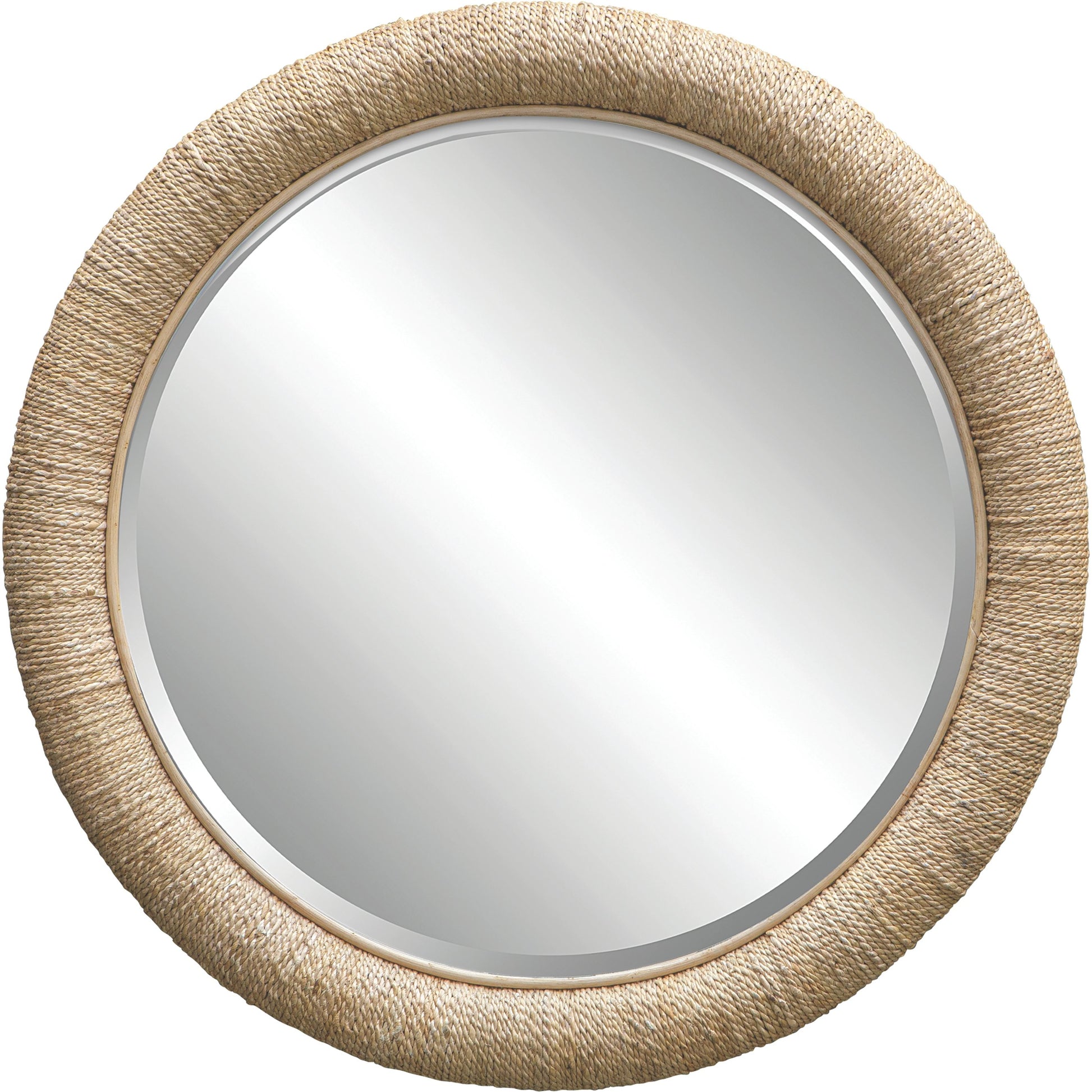 Mariner Round Mirror by Uttermost. Made from banana weaving, rattan, plywood, glass in a modern style.