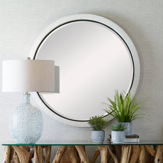 Granada Round Mirror by Uttermost in whitewash. Made from rattan, mirror, mdf in a modern style.