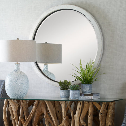 Granada Round Mirror by Uttermost in whitewash. Made from rattan, mirror, mdf in a modern style.
