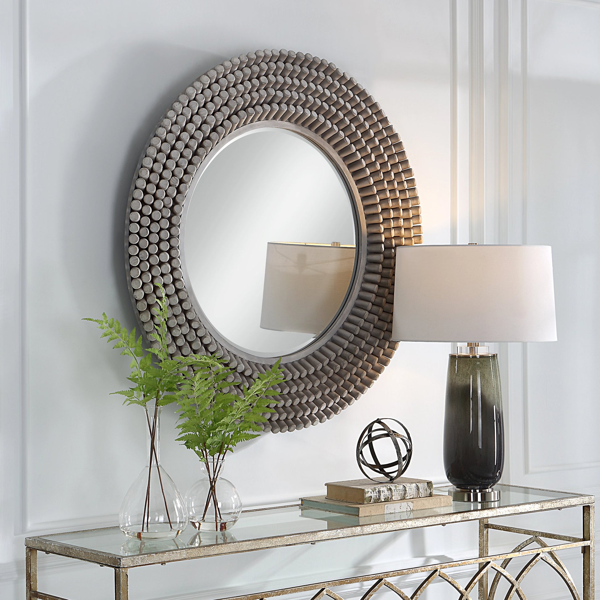 Portside Round Mirror by Uttermost in gray. Made from mdf, fir, mirror in a modern style.