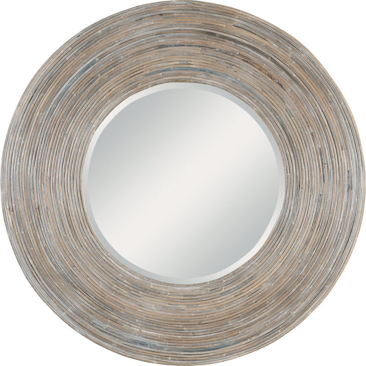 Vortex Round Mirror by Uttermost in white washed. Made from mango wood, plywood, rattan kubu in a modern style.