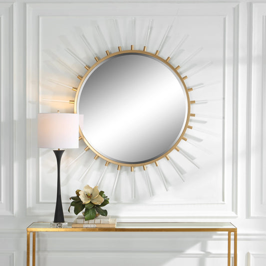 Oracle Round Mirror by Uttermost in gold. Made from mdf, mirror, iron, acrylic in a modern style.