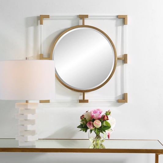 Balkan Small Mirror by Uttermost in gold. Made from mdf, mirror, iron, acrylic in a modern style.