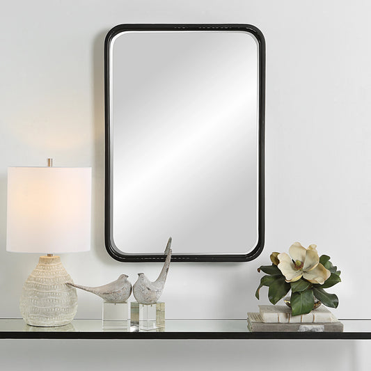 Santa Cruz Mirror by Uttermost in satin black. Made from iron, mdf, mirror, rope in a modern style.