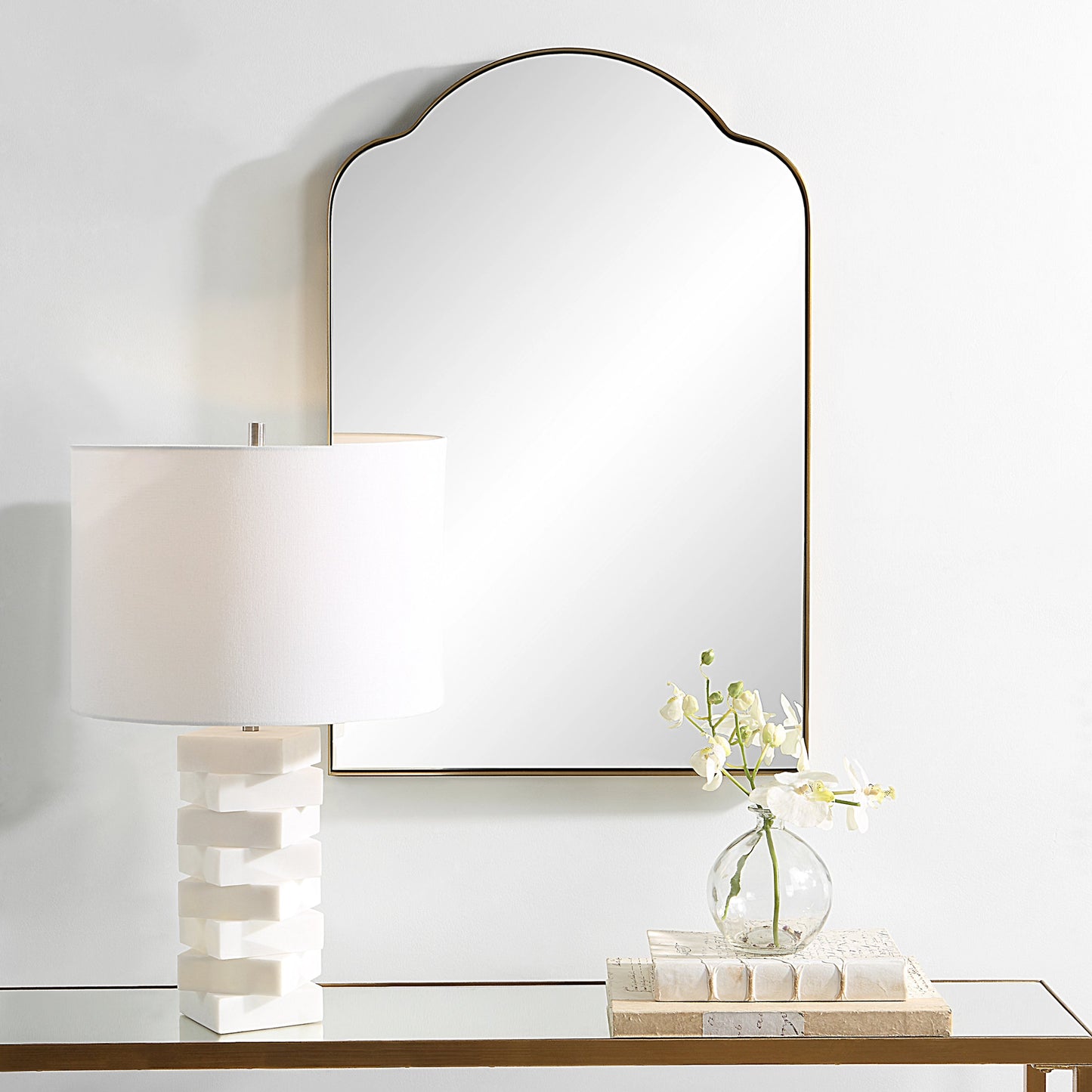 002 SI-1981220 | Lifestyle | Sidney Arch Mirror by Uttermost in brass. Made from stainless steel, mdf, glass in a modern style.