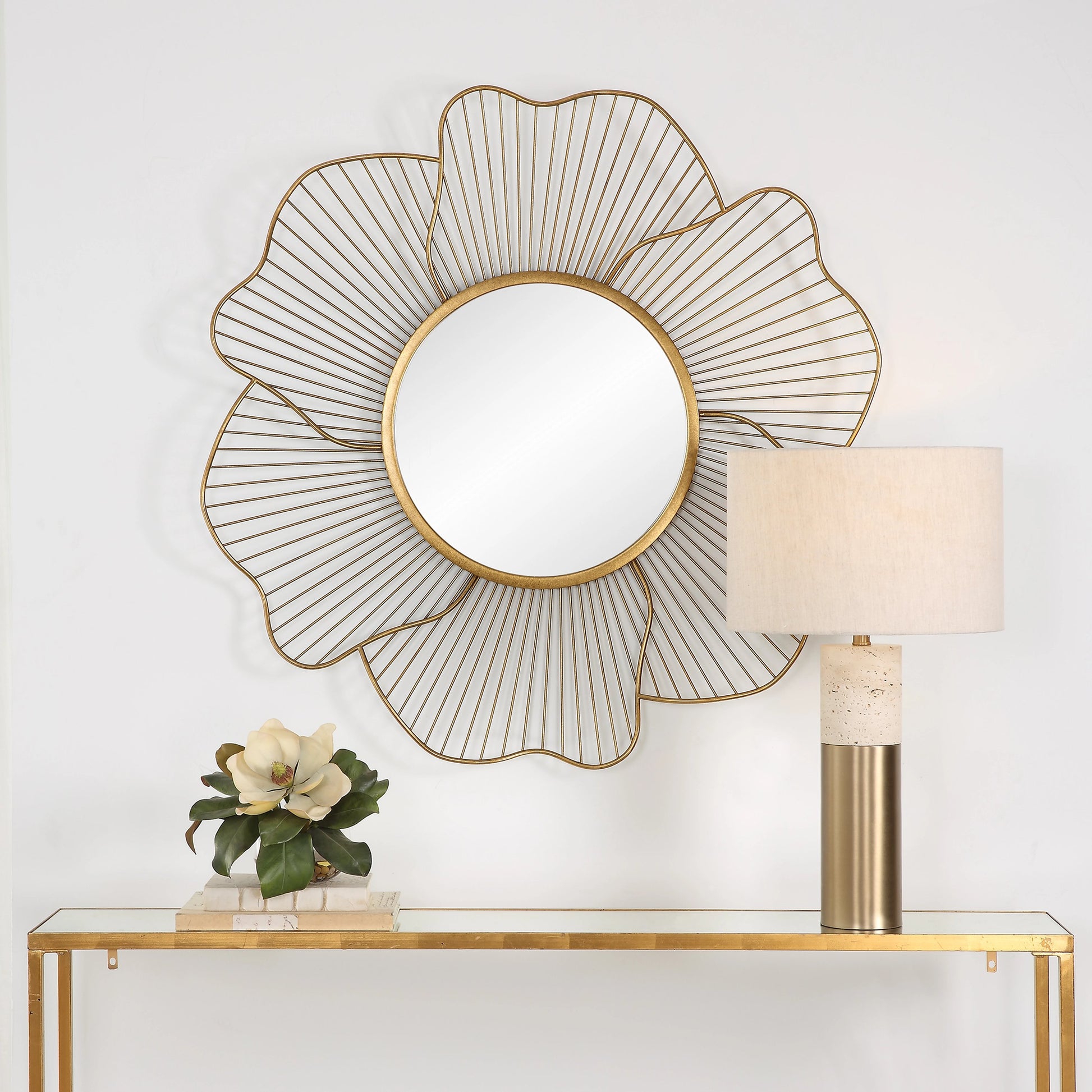 Blossom Floral Mirror by Uttermost in gold. Made from steel, mirror, mdf in a modern style.