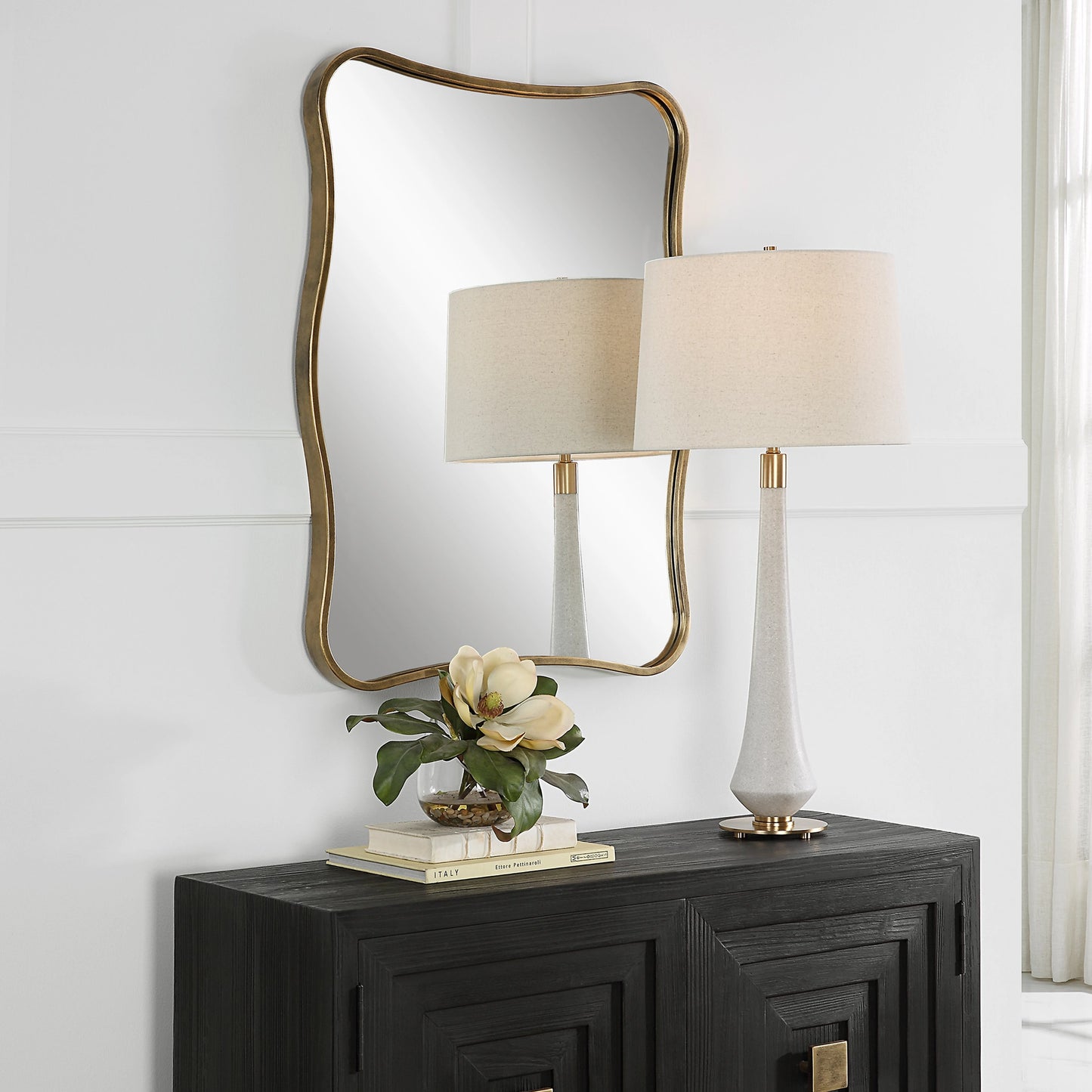 007 SI-2108083 | Lifestyle | Pavia Curvy Vanity Mirror by Uttermost in gold. Made from iron, mirror, mdf in a modern style.