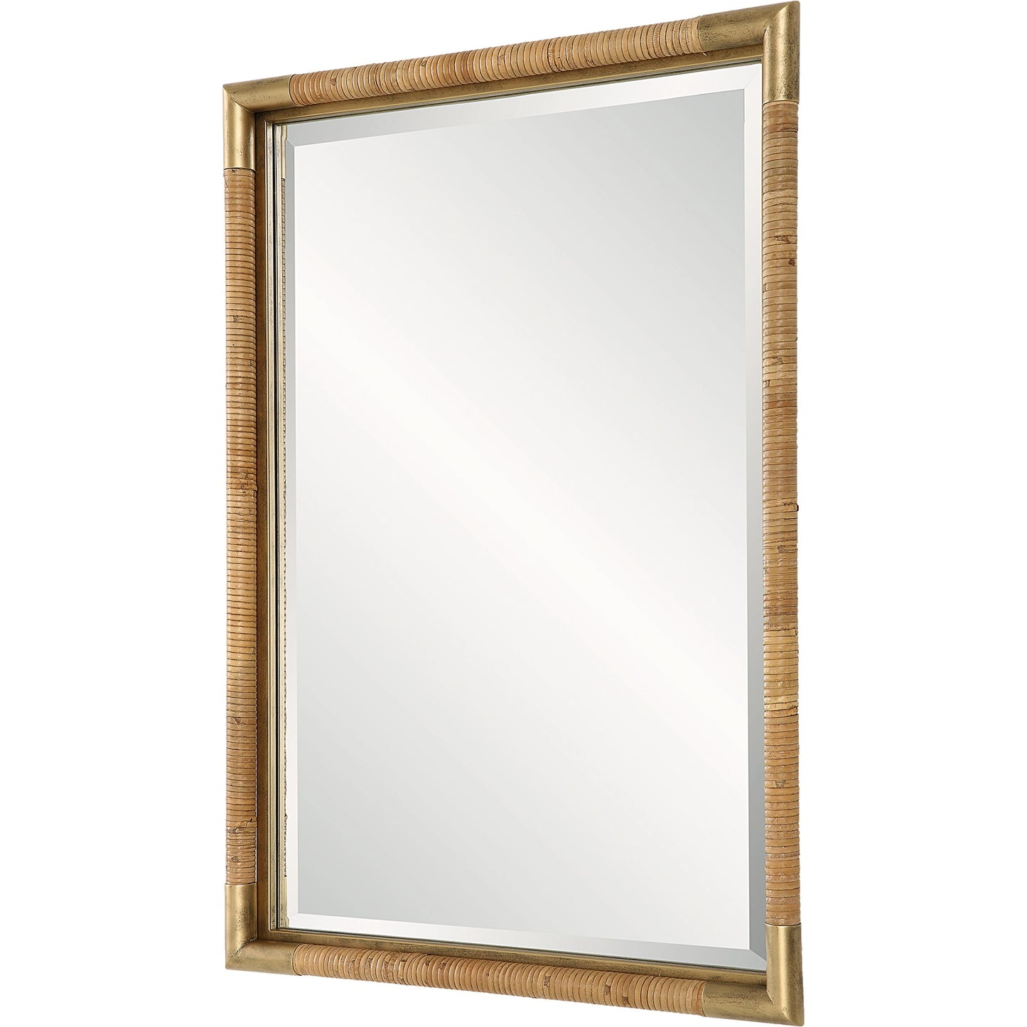 002 SI-2108085 | Additional Silo | Kampar Vanity Mirror by Uttermost in gold. Made from iron, mirror, mdf, rattan in a modern style.