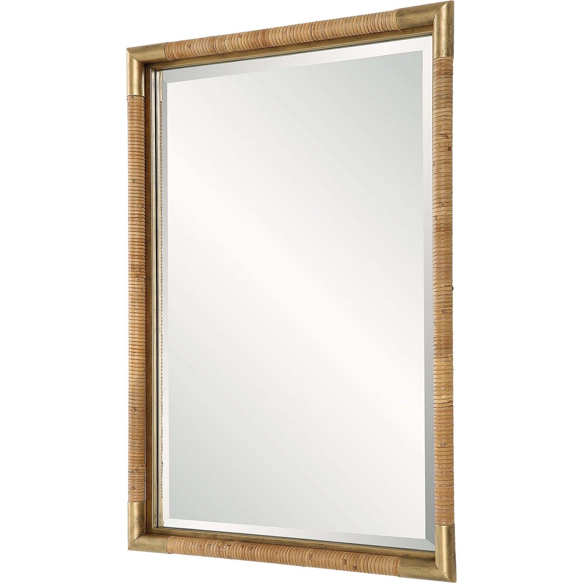 Kampar Vanity Mirror by Uttermost in gold. Made from iron, mirror, mdf, rattan in a modern style.