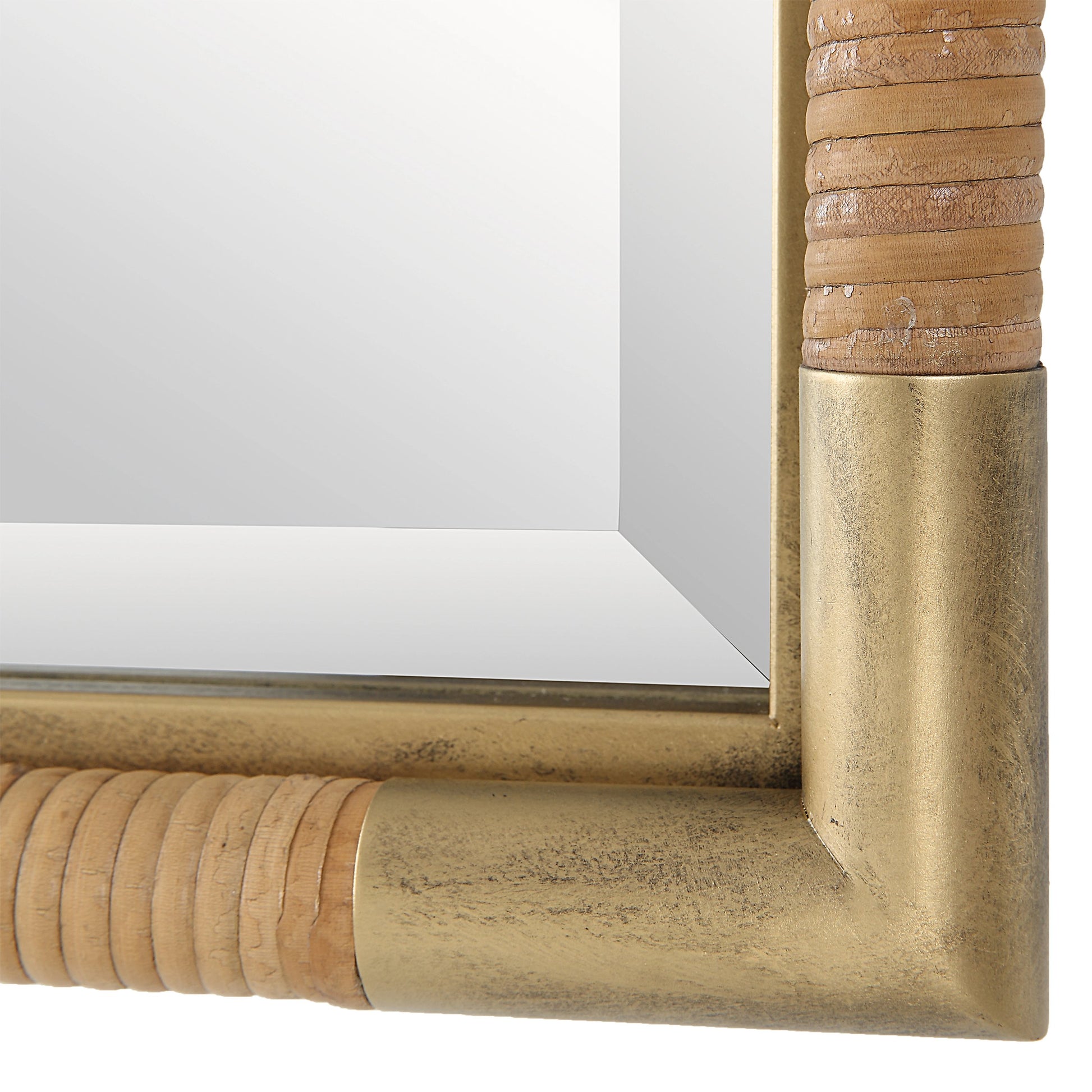 Kampar Vanity Mirror by Uttermost in gold. Made from iron, mirror, mdf, rattan in a modern style.