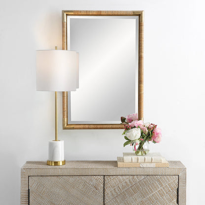 Kampar Vanity Mirror by Uttermost in gold. Made from iron, mirror, mdf, rattan in a modern style.