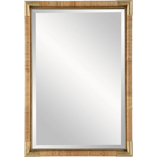 Kampar Vanity Mirror by Uttermost in gold. Made from iron, mirror, mdf, rattan in a modern style.