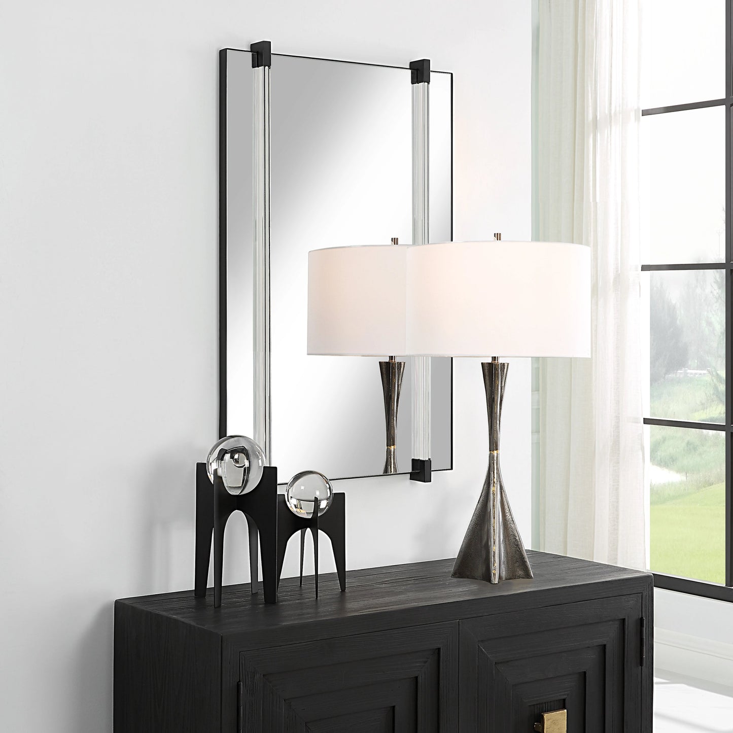 002 SI-2108088 | Lifestyle | Ladonna Rods Mirror by Uttermost in matte black. Made from mirror, mdf, iron, acrylic in a modern style.