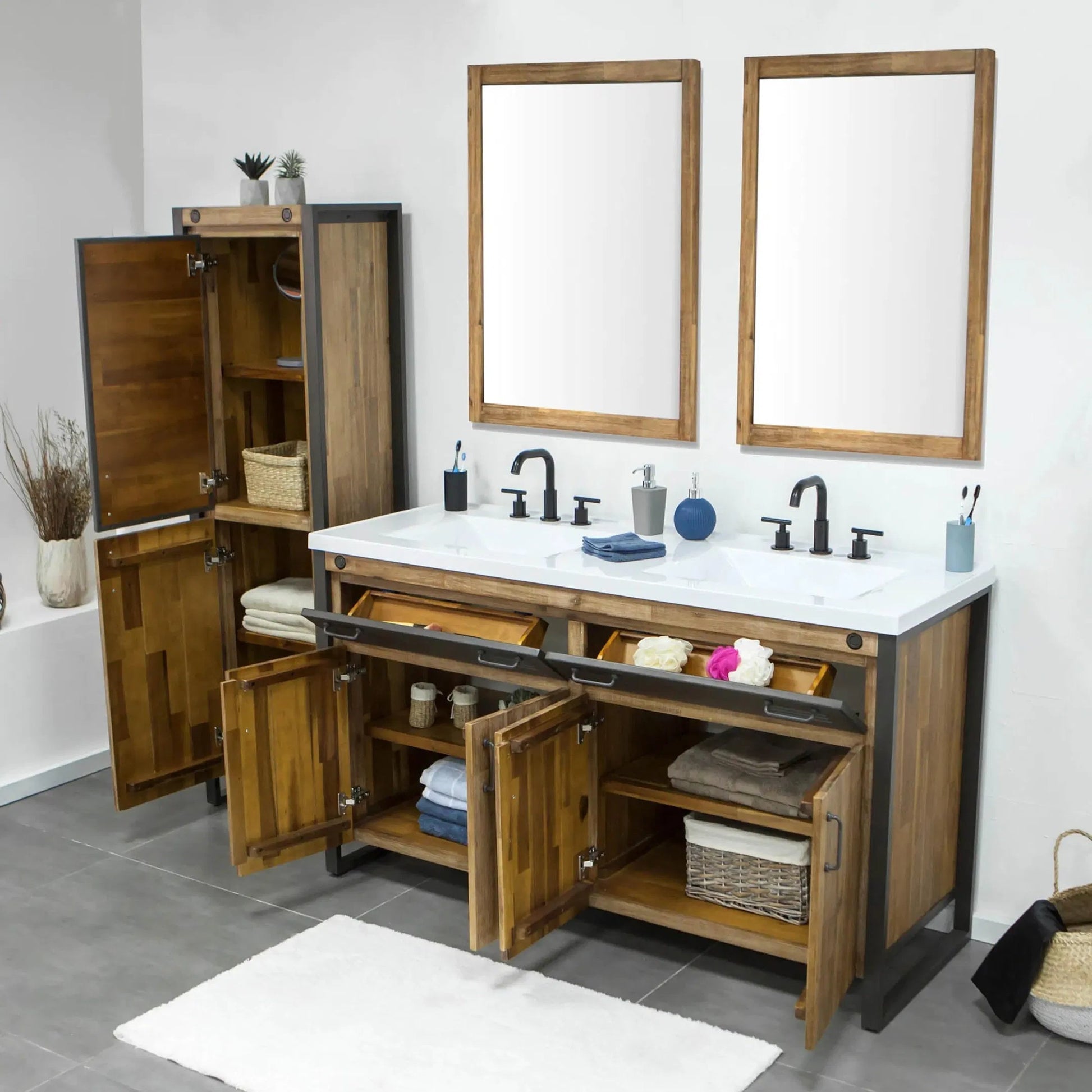 Irondale Vanity 61" Solid Acacia Wood and Metal with White Basin by LH Imports in brown, black. Made from unique in a modern style.