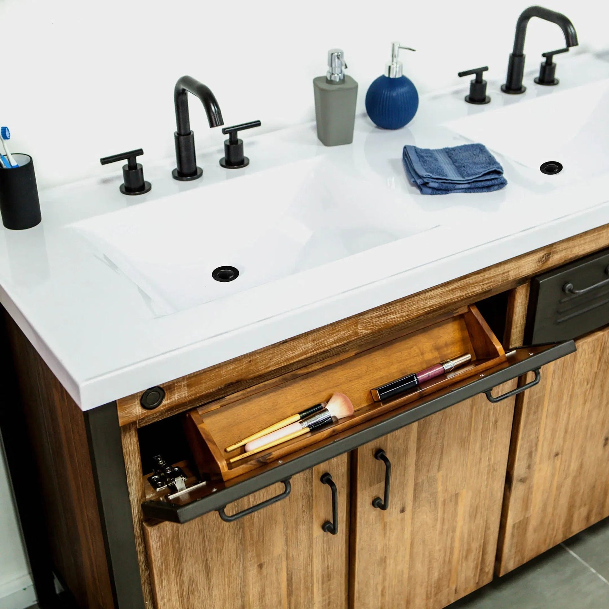 Irondale Vanity 61" Solid Acacia Wood and Metal with White Basin by LH Imports in brown, black. Made from unique in a modern style.