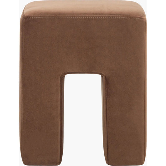 Miraya Ottoman by Surya in brown. Made from recycled fabric, plywood, polyester wrapped foam in a traditional style.