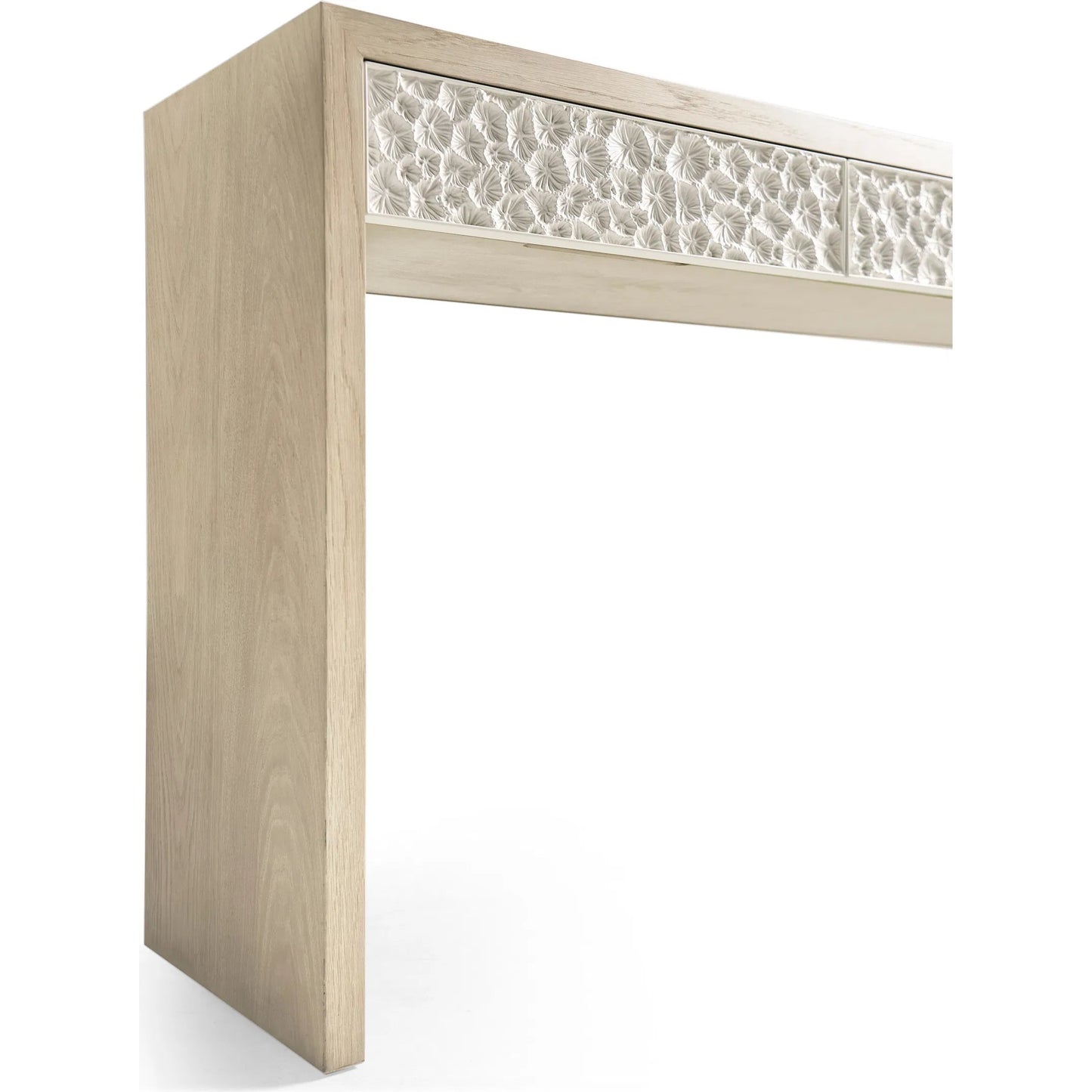009 SI-2535735 | Closeup | Pelagic Console Table by Jonathan Charles in white washed oak. Made from main oak veneer in a unique style.