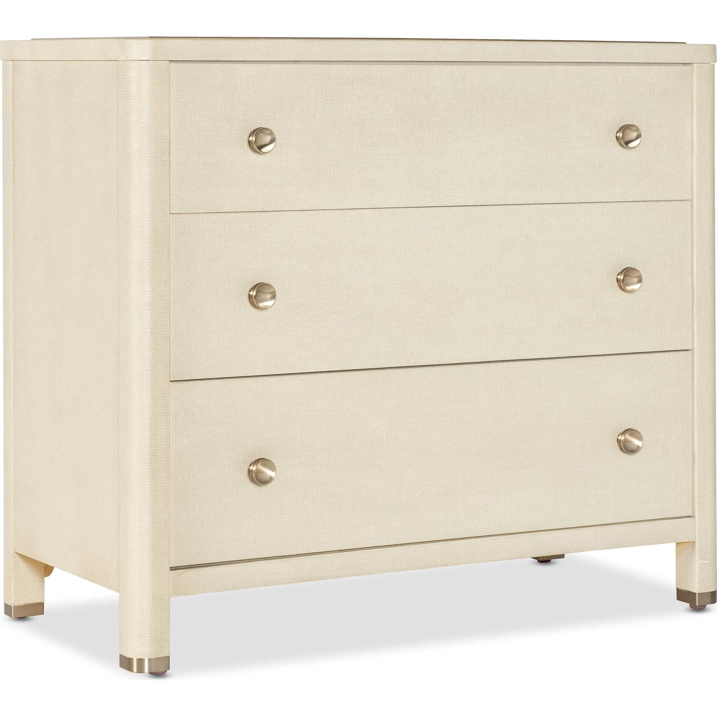 001 SI-2353933 | Primary Silo | Archives Raffia Three-Drawer Chest by Hooker Furniture in flax. Made from oak veneers, raffia, cedar, metal caps in a transitional style.