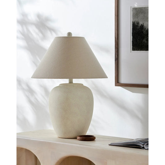 Mijas Table Lamp - 532380 by Livabliss in body: white, shade (outside): beige, shade (inside): white, finial: white, harp: metallic - brass, cord: black and antiquedpainted. Made from ceramic, linen, polystyrene, iron in a mode