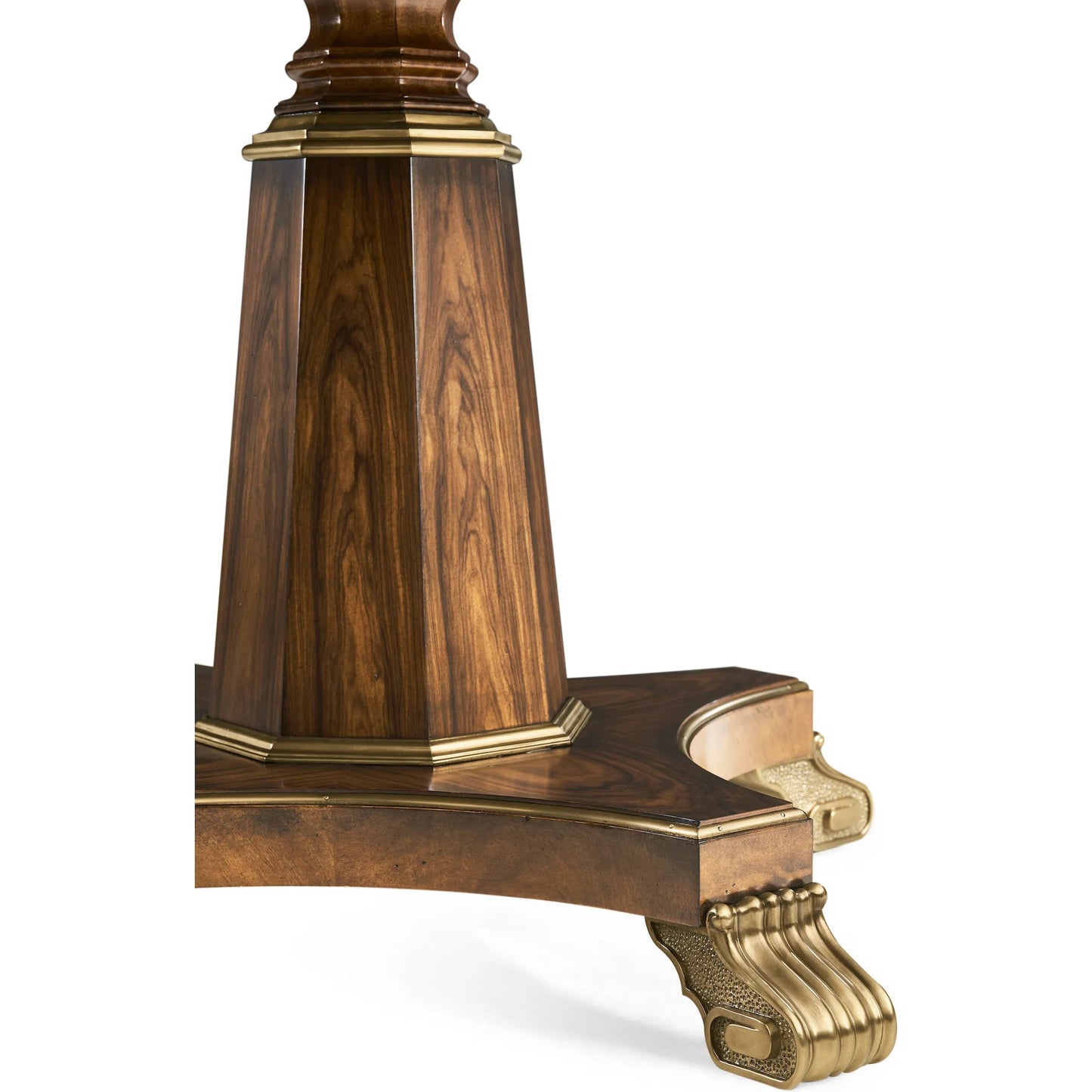 008 SI-2334510 | Closeup | Viceroy Round Dining Table by Jonathan Charles in brown and santos brown, antique brass. Made from mahogany, cerejeira veneers, santos rosewood crown veneers, brass in a traditional style.