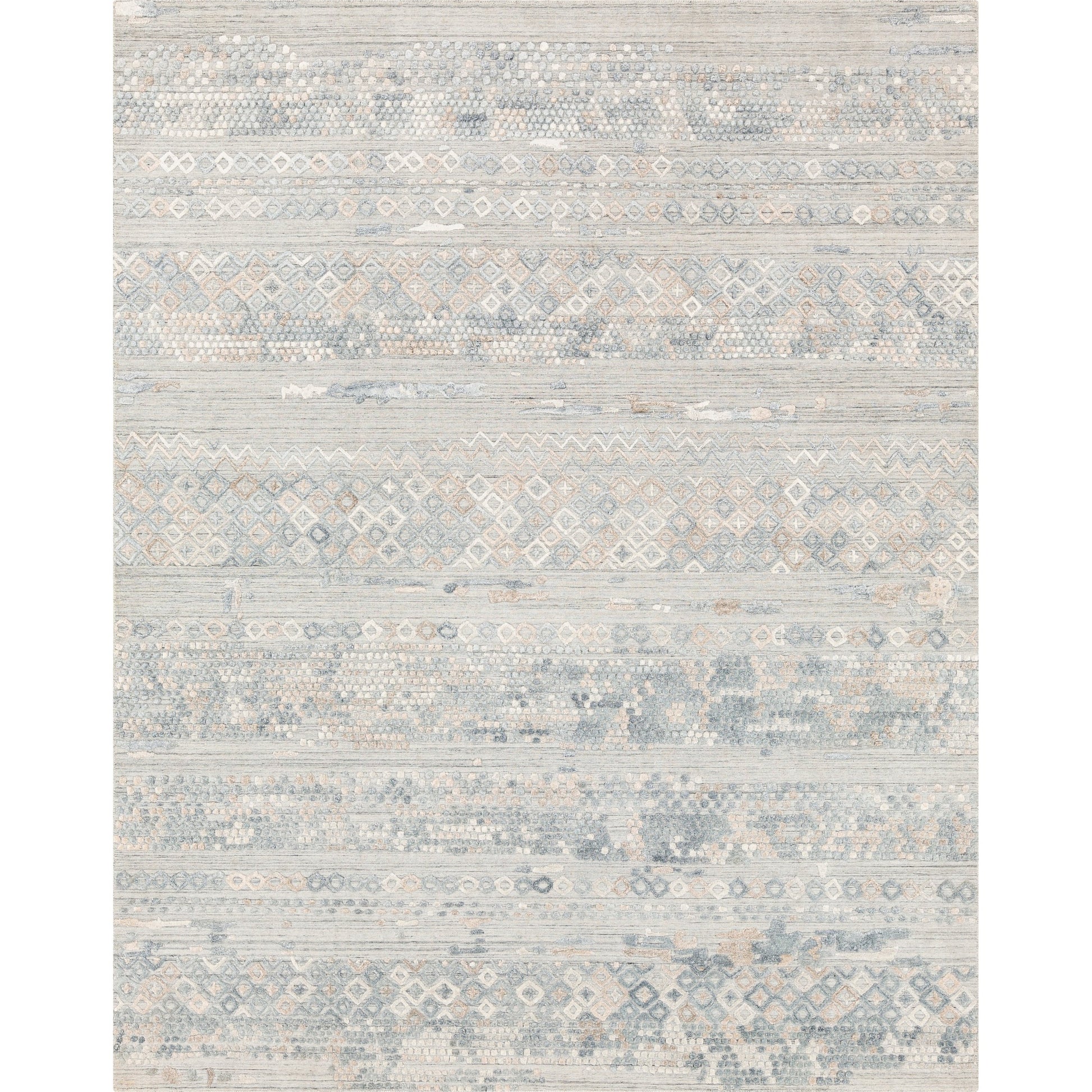 Makalu MKL-2302 Rug by Surya in pale blue, medium gray, dusty sage, light gray, tan. Made from 70% viscose, 30% wool in a unique style.