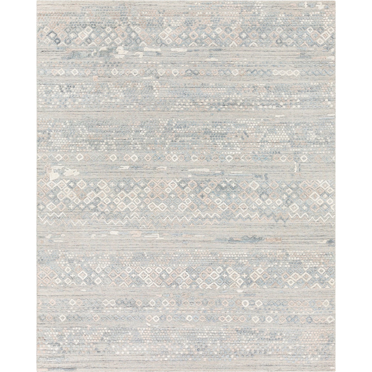 001 SR-880602,SR-880603,SR-880605,SR-880606 | Primary Silo | Makalu MKL-2302 Rug by Surya in pale blue, medium gray, dusty sage, light gray, tan. Made from 70% viscose, 30% wool in a unique style.