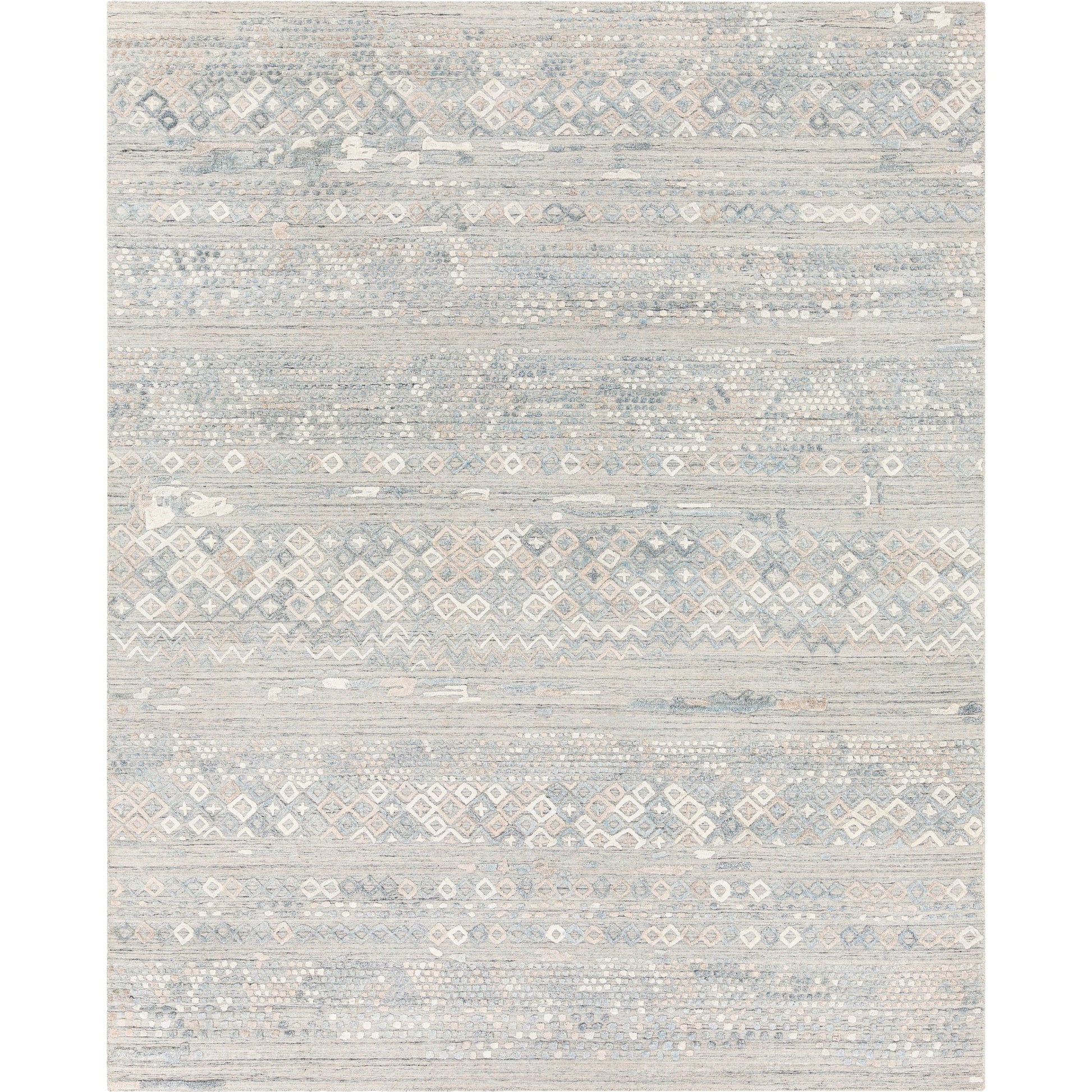 Makalu MKL-2302 Rug by Surya in pale blue, medium gray, dusty sage, light gray, tan. Made from 70% viscose, 30% wool in a unique style.