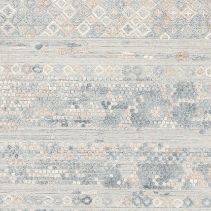 Makalu MKL-2302 Rug by Surya in pale blue, medium gray, dusty sage, light gray, tan. Made from 70% viscose, 30% wool in a unique style.