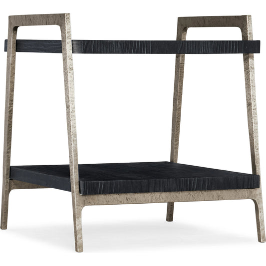 Chapman Shou Sugi Ban End Table by Hooker Furniture in charred black, pewter. Made from pine veneers, metal in a modern style.
