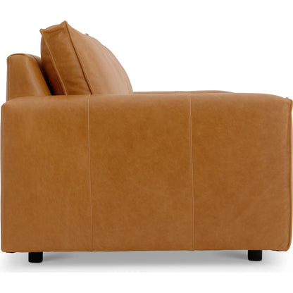 Nest Leather Sofa by Bernhardt in tan. Made from leather, polyfoam core, polyester fibers, waterfowl feathers, waterfowl down in a traditional style.