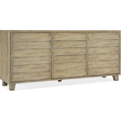 Surfrider Buffet by Hooker Furniture in driftwood. Made from quartered pine, maple veneers, solid-wood edge top in a coastal style.
