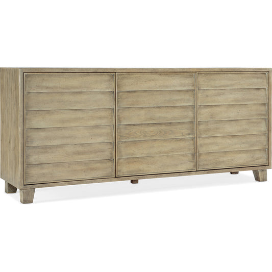 Surfrider Buffet by Hooker Furniture in driftwood. Made from quartered pine, maple veneers, solid-wood edge top in a coastal style.
