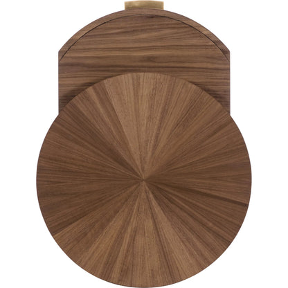 Eleana Round Nightstand by Hooker Furniture in light caramel, quartered walnut veneers, sunlit bronze metal. Made from walnut veneers in a modern style.