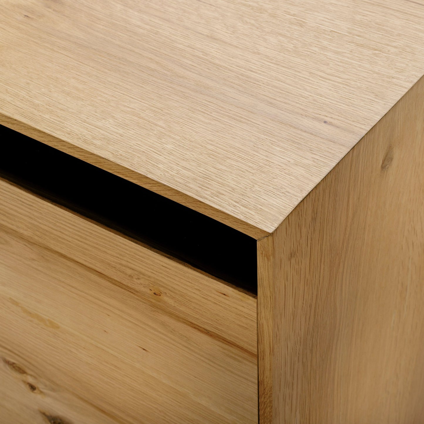 003 SI-2164718 | Closeup | Molander Sideboard - 530945 by Surya in top: clear, black, base: black and powder coatednaturalpowder coated. Made from oak veneer, steel in a modern style.