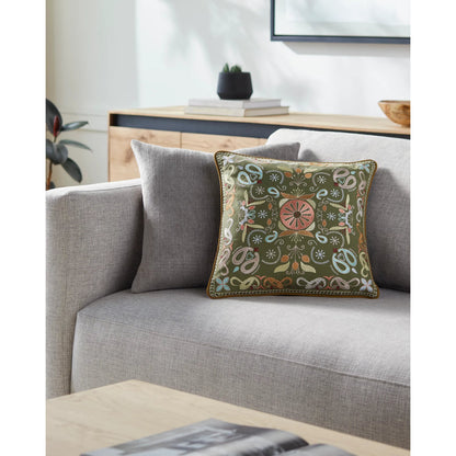 Millie Kay Pillow - 493843 by Surya in olive green, burnt orange, sky blue, mustard yellow, coral pink, cream, burgundy. Made from front: 100% cotton, back: 100% cotton in 