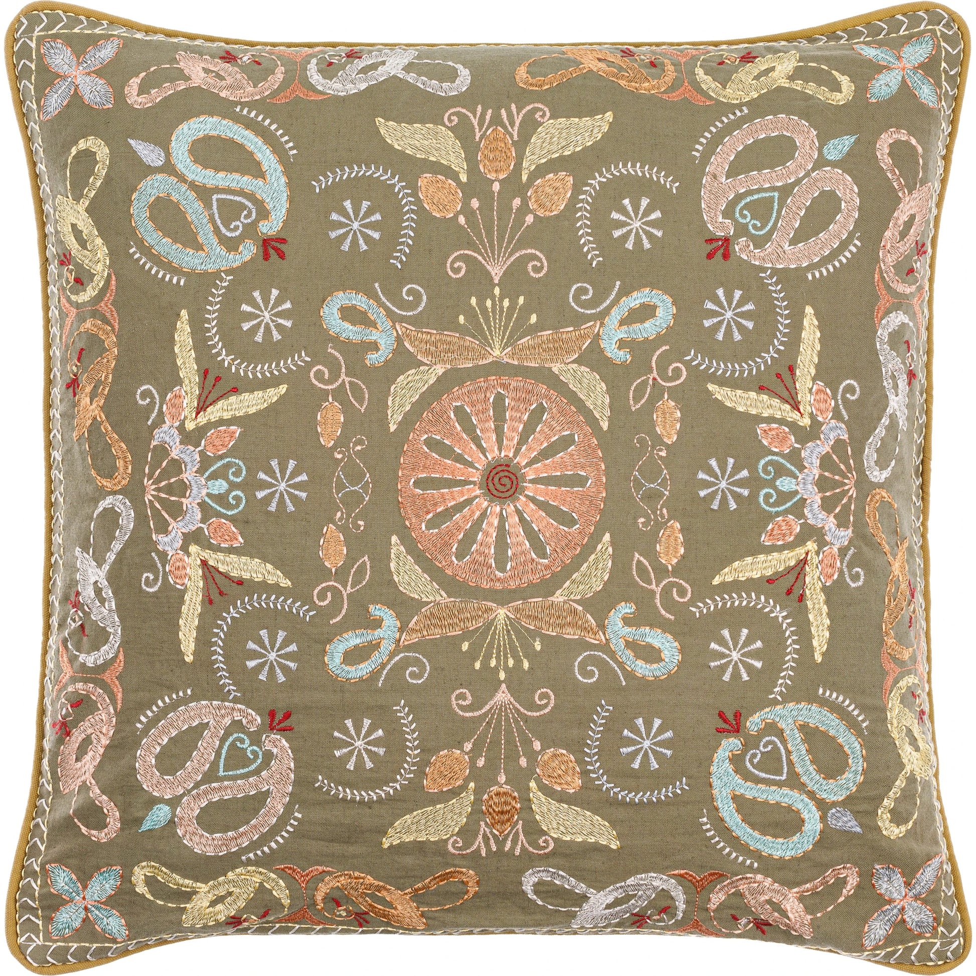 Millie Kay Pillow - 493843 by Surya in olive green, burnt orange, sky blue, mustard yellow, coral pink, cream, burgundy. Made from front: 100% cotton, back: 100% cotton 