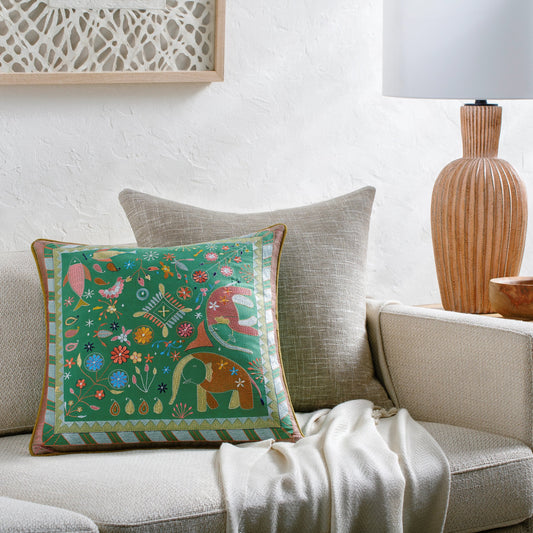 Millie Kay Pillow - 497063 by Surya in sage green, coral pink, mustard yellow, sky blue, lavender, burnt orange, ivory, olive green, charcoal gray. Made from front: 100% co