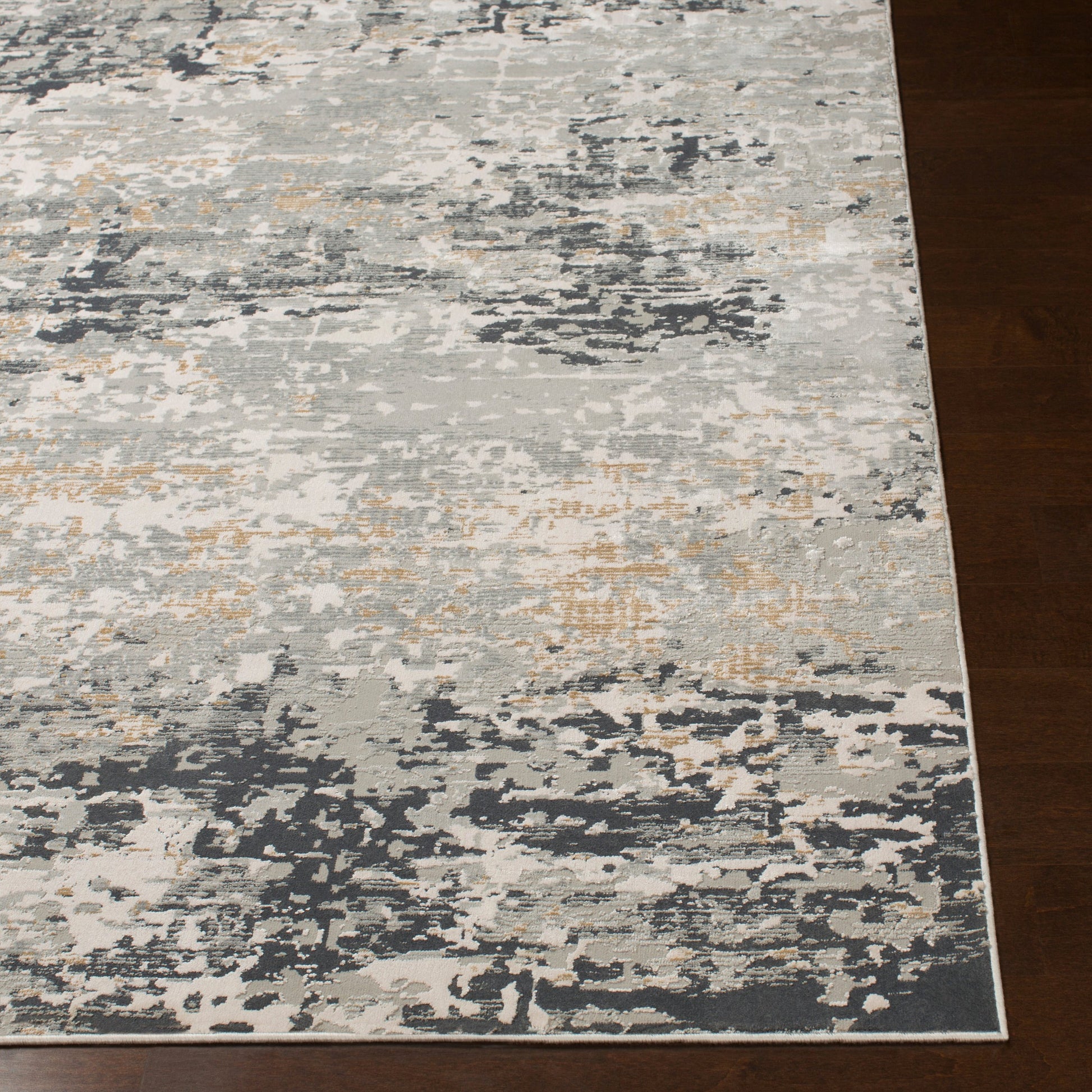 Milano Rug - 23245 by Livabliss in light gray, slate, mustard, off-white, charcoal, gray. Made from 60% viscose, 40% polyester in a unique style.