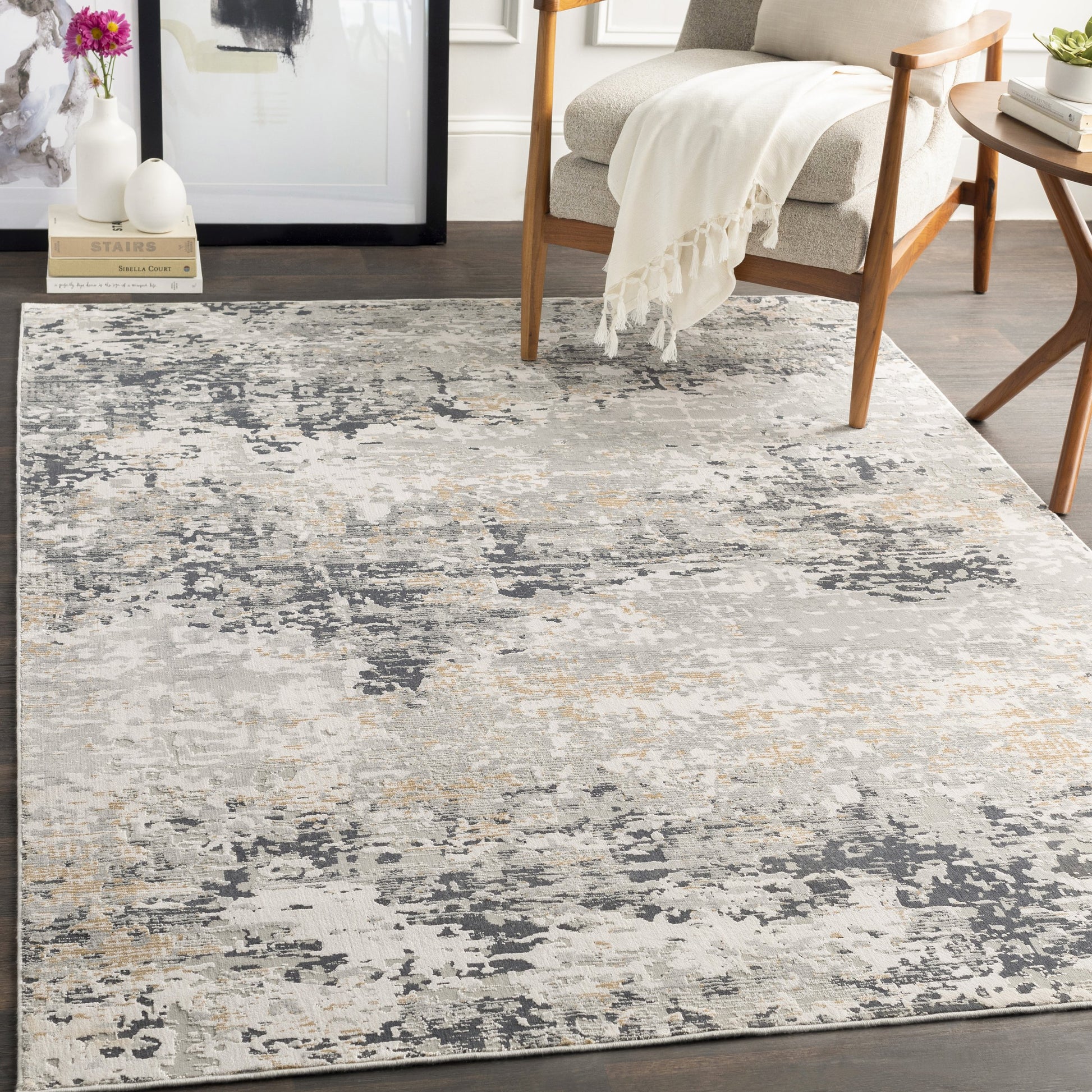 Milano Rug - 23245 by Livabliss in light gray, slate, mustard, off-white, charcoal, gray. Made from 60% viscose, 40% polyester in a unique style.