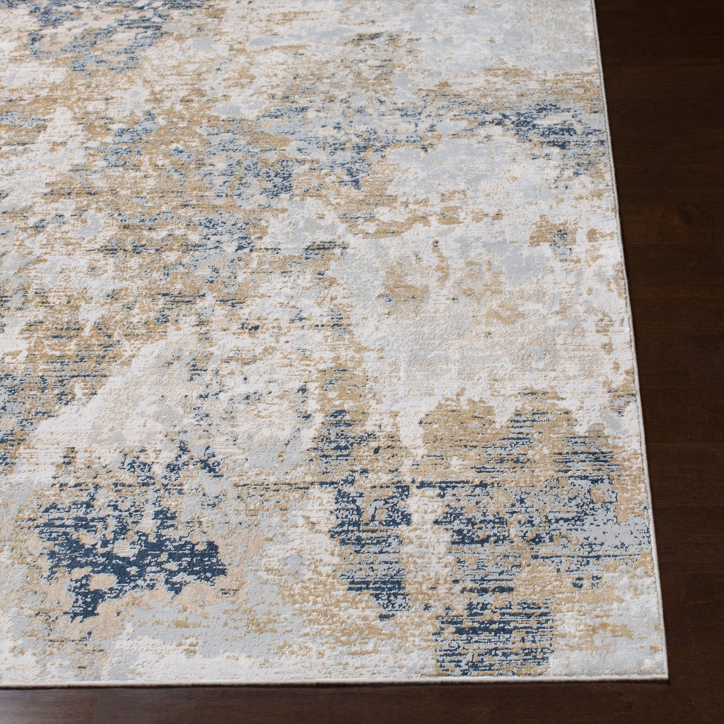 001 102333-43538,102333-43540 | Closeup | Milano MLN-2302 Rug by Livabliss in light gray, mustard, oatmeal, dark blue, off-white. Made from 60% viscose, 40% polyester in a unique style.